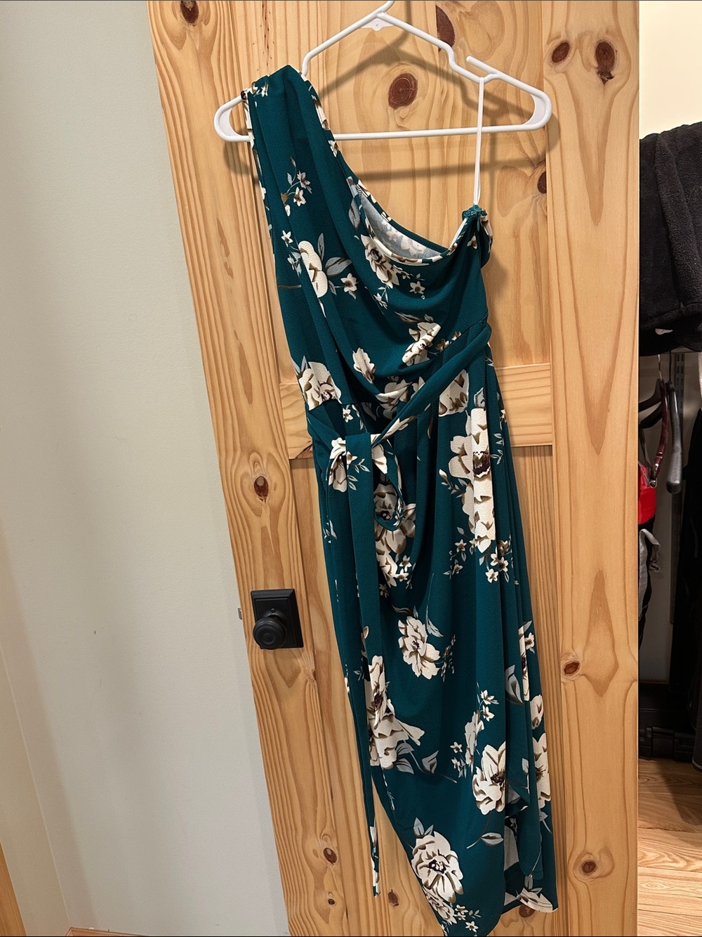 SHEIN Teal Floral One-Shoulder Dress with Waist Tie